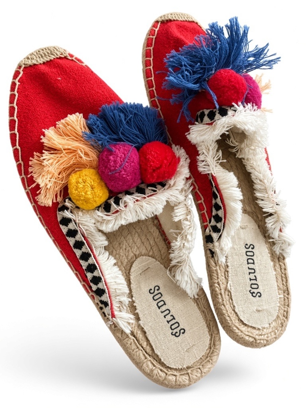 Soludos Red Espadrille Slip-Ons with Multicolor Pom Accents